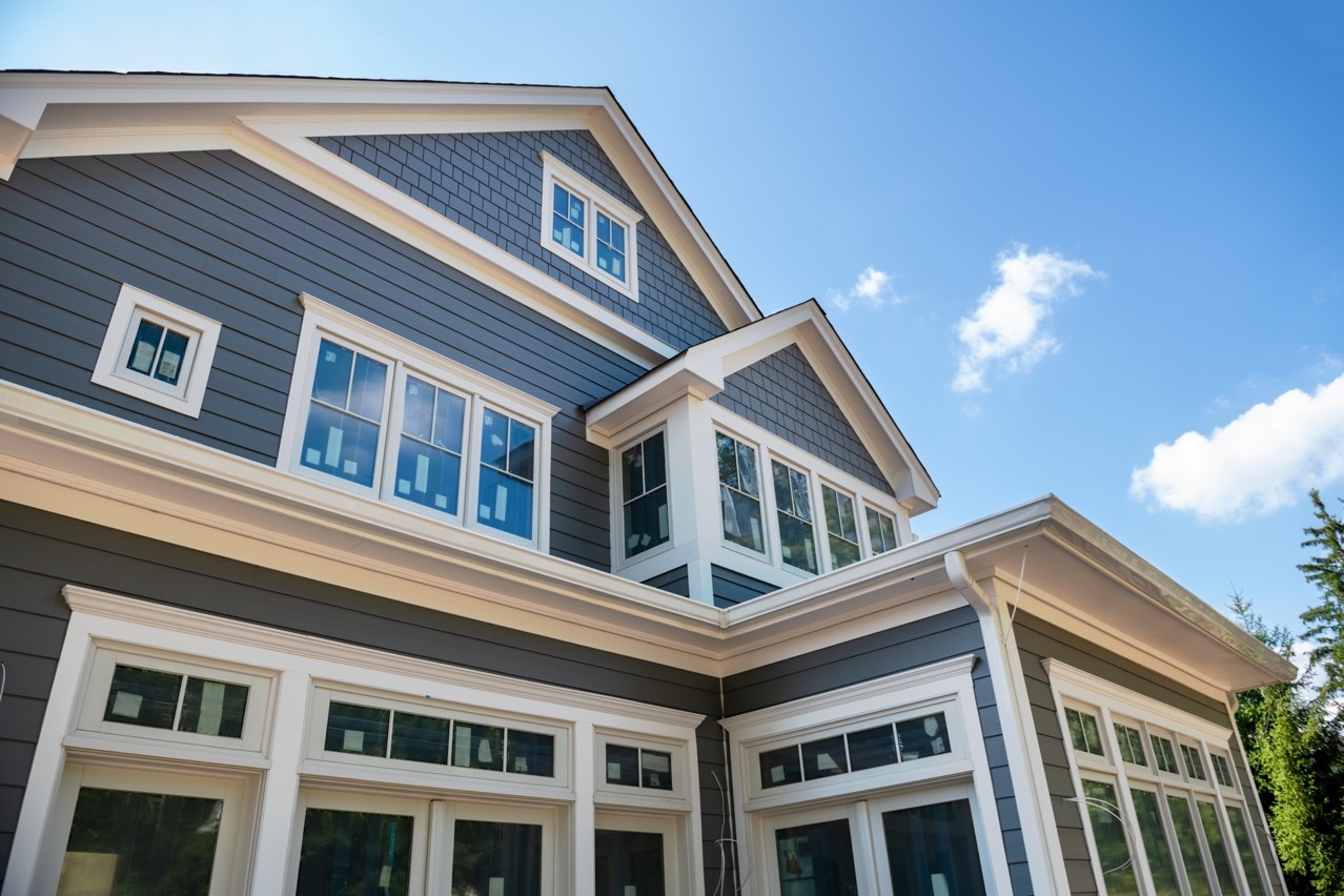 Close-up of a multi-story home exterior with dark gray siding, white trim, and large windows under a blue sky.